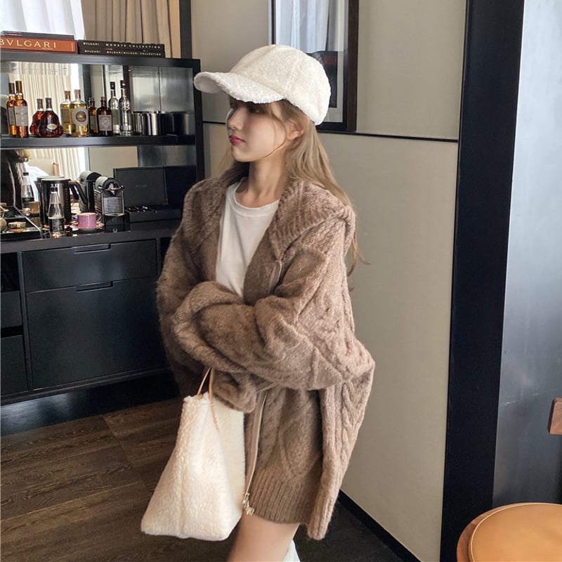 1PIU1UGUALE3 ベージュ ケーブルニット カーディガン フード付き 1PIU1UGUALE3 ベージュ ケーブルニット カーディガン フード付き