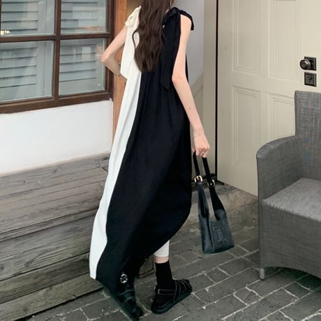 バイカラー キャミワンピース ロングワンピース ノースリーブ ハイウエスト レトロ 韓国ファッション レディース 大人可愛い ガーリー DTC-679346923592