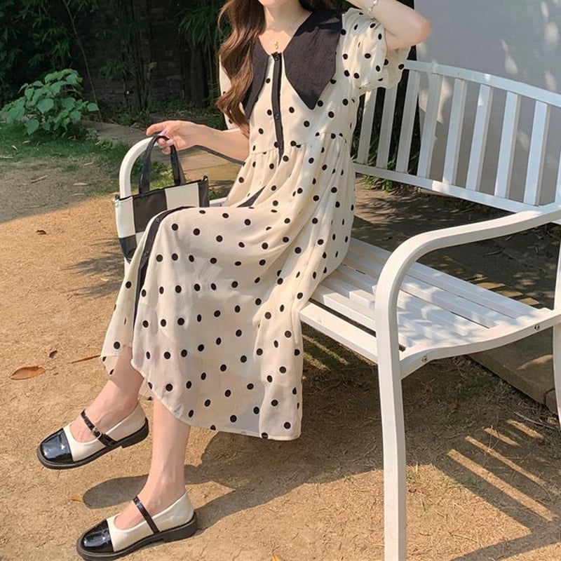 ドット柄 水玉 シャツワンピース 配色 ロング丈 ハイウエスト 半袖