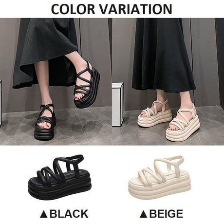 厚底サンダル クロスストラップ 22.0～24.5cm アンクルストラップ サンダル オープントゥ プラットフォーム 厚底 美脚効果 韓国ファッション レディース DTCA-771656476930