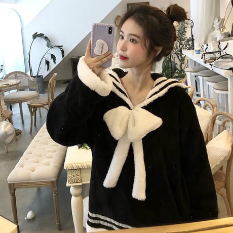 ルームウェア パジャマ セットアップ リボン フリース プラスベルベット トップス + パンツ 長袖 上下セット 韓国ファッション レディース もこもこ ガーリー 634598637665