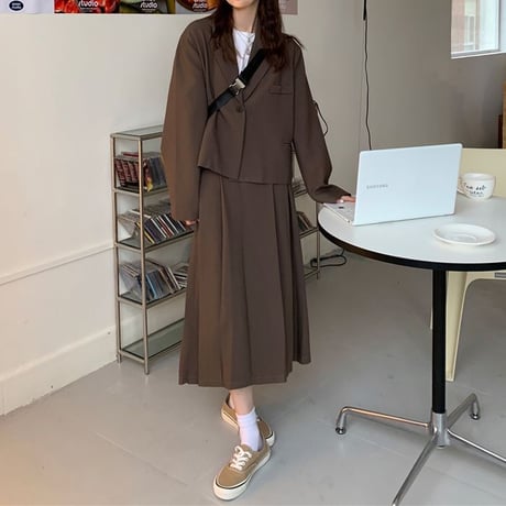 セットアップ ジャケット プリーツスカート ブラウン ロングスカート ハイウエスト 2点セット 長袖 レトロ 韓国ファッション レディース 大人可愛い ガーリー DTC-666796163703
