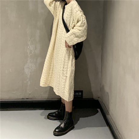 ニットワンピース ケーブル編み 韓国ファッション レディース ラウンドネック ルーズニット 長袖 春 秋 冬 大人カジュアル 韓国 (DTC-605142020234)
