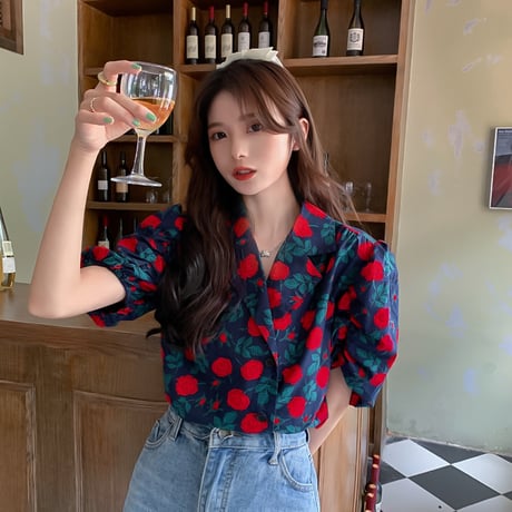 花柄 シャツ パフスリーブ 半袖 薔薇 開き襟 ルーズ レトロ 韓国ファッション レディース 大人可愛い ガーリー フェミニン DTC-647937909050
