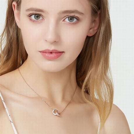 ネックレス レディース ダブルリング 金属アレルギー対応 ピンクゴールド チタン316L ローマ数字 キラキラ ペンダント チェーン付 パーティー ジュエリー (DCT-573804733391)