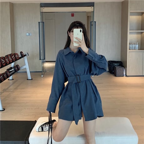 シャツワンピース ベルト シャツ 長袖 韓国ファッション レディース トップス ゆったり 大人可愛い ガーリー フェミニン カジュアル DTC-627127092317