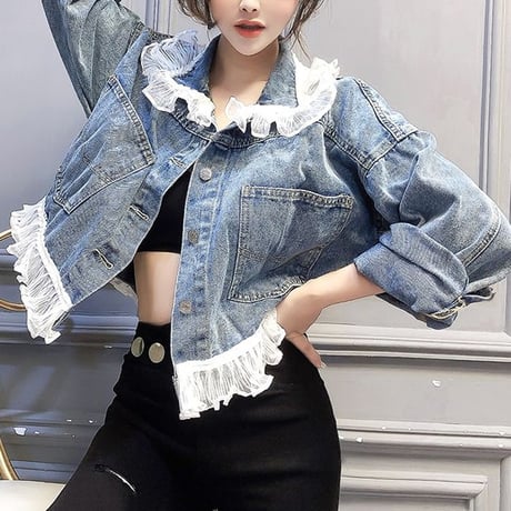 デニムジャケット レースフリル バックリボン バックコンシャス レースアップ 編み上げ Gジャン ルーズ 長袖 韓国ファッション レディース 大人可愛い ガーリー DTC-604383030733