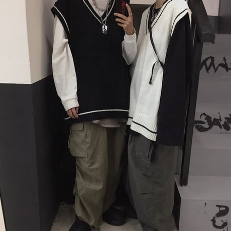ユニセックス ニットベスト Vネック ライン 韓国ファッション メンズ レディース ベスト ルーズ セーター シンプル ストリート カジュアル DTC-605330546241