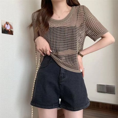 サマーニット メッシュ トップス プルオーバー tシャツ 透かし編み クルーネック ショート丈 レイヤードトップス 半袖 レトロ 大人可愛い ガーリー カジュアル DTCA-676945045996