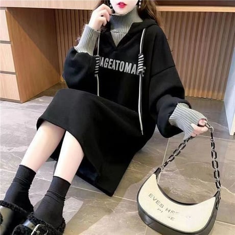 フェイクレイヤード パーカー プルオーバー 裏起毛 ロング丈 フード付き スウェット ワンピース ルーズ 長袖 秋 冬 レトロ 大人可愛い ガーリー カジュアル DTC-749423286319
