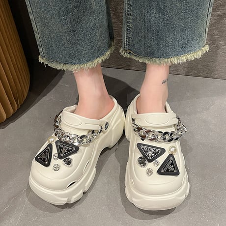 2way 厚底 サンダル 22.0～25.0cm ビジュー チェーン スリッパ ビーチサンダル 厚底サンダル トレンド 韓国ファッション レディース DTC-703753329040