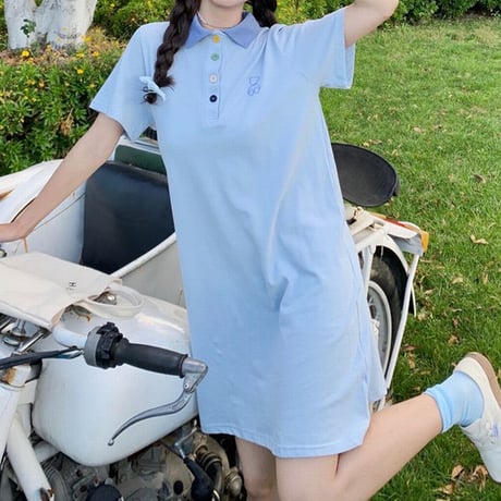 ポロワンピース カラフルボタン 半袖 薄手 ポロシャツ ワンピース 大人カジュアル ガーリー フェミニン DTC-644534604673