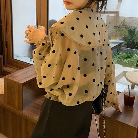ドット柄 ブラウス シャツ 大きい襟 ランタンスリーブ ルーズ ショート丈 透け感 長袖 レトロ 韓国ファッション レディース 大人可愛い ガーリー フェミニン DTC-679081345595