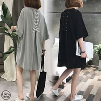 Tシャツワンピース レースアップ バックリボン ゆったり ルーズ チュニック 半袖 レトロ 韓国ファッション レディース 大人可愛い ガーリー DCT-556806546749