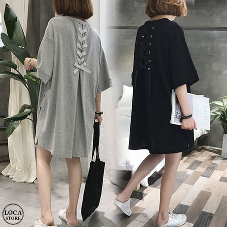 Tシャツワンピース レースアップ バックリボン ゆったり ルーズ チュニック 半袖 レトロ 韓国ファッション レディース 大人可愛い ガーリー DCT-556806546749