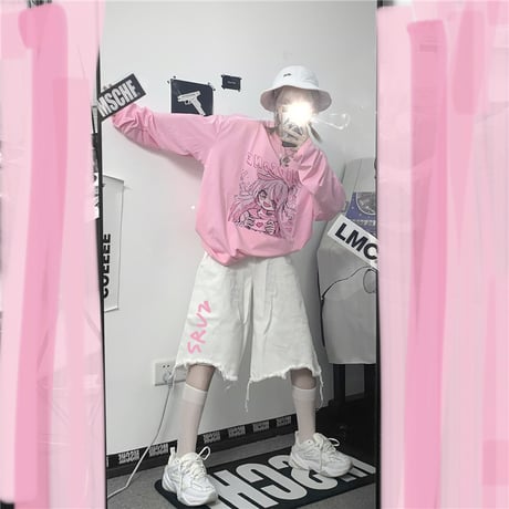 Tシャツ 長袖 女の子プリント オーバーサイズ 大きめ ロンT カジュアル 病み可愛い 病みかわ 地雷系 韓国ストリートファッション 韓国ファッション レディース DTC-636364376342