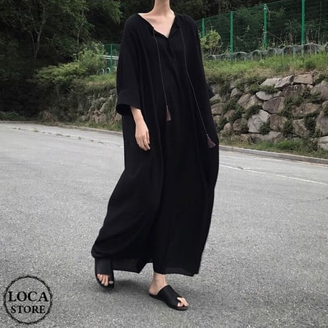 レディース Vネック ロングワンピース ブラック  シフォンマキシ丈 シンプル ゆったり マタニティー 韓国ファッション (DCT-588754300745)