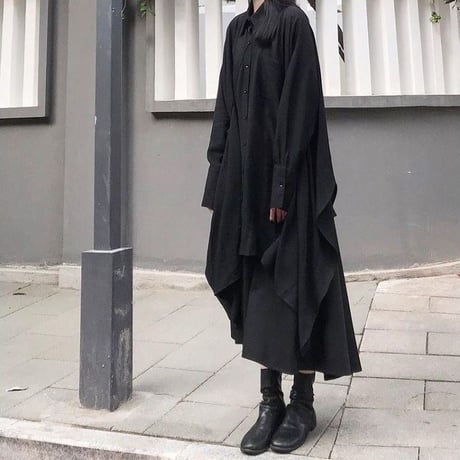 アシンメトリー ロングシャツ 長袖 ルーズ 韓国ファッション レディース シャツワンピース シャツ アシメ 不規則デザイン 暗黒系 ドルマンシャツ ガーリー DTC-601048675644