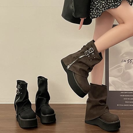 厚底 ショートブーツ 22.5～25.0cm バックル サイドジッパー 厚底ブーツ プラットフォーム ブーツ カジュアル 韓国ファッション レディース DTC-741312023736