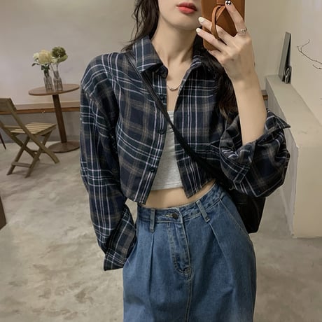 クロップド丈 チェック柄 シャツ ポロカラー ショート丈 長袖 レトロ 韓国ファッション レディース 大人可愛い ガーリー カジュアル 大人カジュアル DTC-652951694621