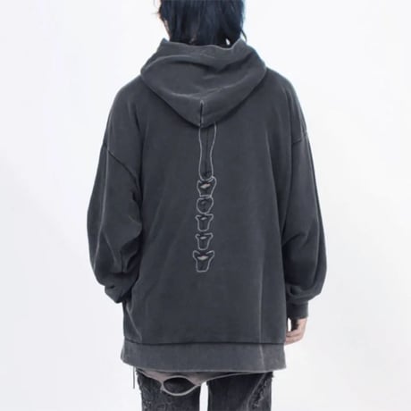 ユニセックス プルオーバー パーカー ヴィンテージ風 ウォッシュ加工 スカル スケルトン パッチホール オーバーサイズ 長袖 カジュアル ストリート系ファッション DTCA-757250740426