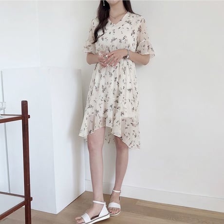 レディース 花柄シフォンワンピース レトロ ハイウエスト フェミニン ガーリー 韓国ファッション (DCT-594879835987)