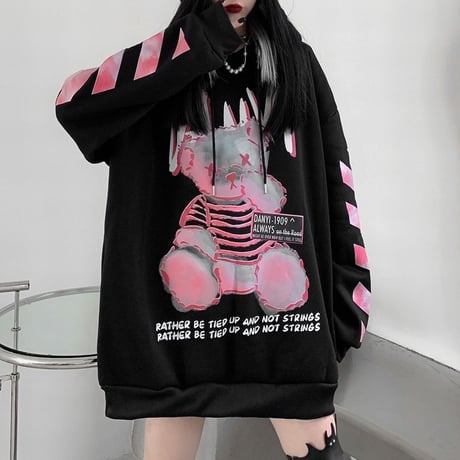 ユニセックス パーカー 裏起毛 クマちゃん 袖プリント バックプリント 長袖 オーバーサイズ 韓国ファッション メンズ レディース ルーズ カジュアル ストリート系 DTC-631029893418