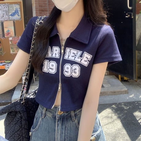 ダブルジップ ワッフル トップス 襟付き Tシャツ クロップド丈 ショート丈 レタープリント 半袖 シンプル ルーズ レトロ 大人可愛い ガーリー カジュアル DTCA-711769972021