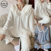 ルームウェア パジャマ セットアップ コーラルフリース トップス + パンツ 長袖 上下セット 韓国ファッション レディース ホワイト ブルー ガーリー 630856660553