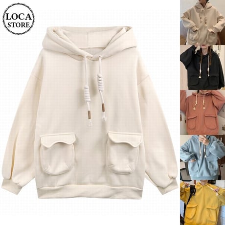 パーカー トップス 裏起毛 プラスベルベット プルオーバー ポケット シンプル ルーズ レトロ 韓国ファッション レディース ガーリー カジュアル DTC-654678669644