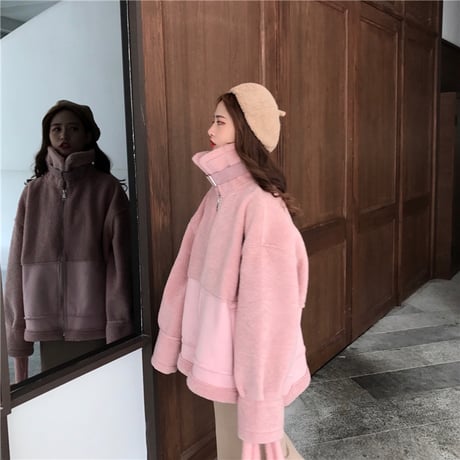 ボアブルゾン ジップアップ 韓国 ファッション レディース ボアジャケット もこもこ ボア ベルト ドロップショルダー オーバーサイズ (DTC-606104703290)