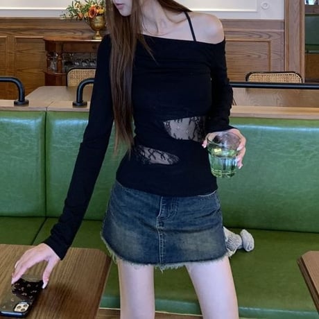 レース切替え オフショルダー ロンT スリムフィット トップス Tシャツ オフショル 長袖 レトロ 大人可愛い ガーリー DTCA-840082839514