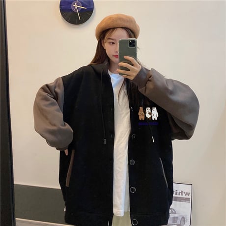 フード付き ブルゾン パーカー 月輪熊 パンダ 白熊 プラスベルベット アウター オーバーサイズ 韓国ファッション レディース ガーリー カジュアル ストリート系 DTC-630016028692