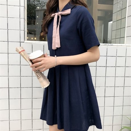 レディース ワンピース プリーツスカート 薄手 ボウタイ リボン ゆったり ガーリー 韓国ファッション (DCT-591685926711)