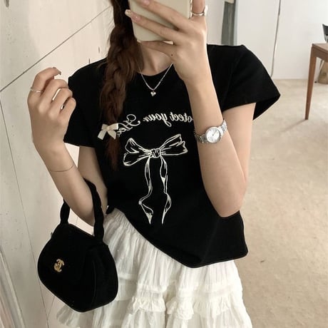 リボンプリント Tシャツ 半袖 クルーネック トップス レタープリント シンプル ルーズ レトロ 大人可愛い ガーリー カジュアル DTCA-775047425133