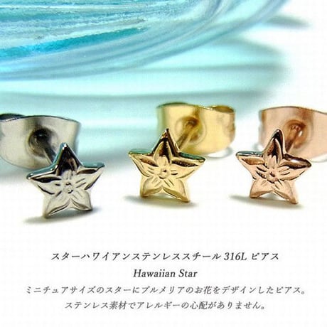 【片耳用】 ハワイアンジュエリー ピアス 金属アレルギー対応 スター 星 プルメリア サージカルステンレス シルバー ゴールド ピンクゴールド アクセサリー ges8168