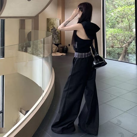 セットアップ ジップアップ ノースリーブ パーカー ワイドパンツ チェック柄 オープンバック トップス モップパンツ ハイウエスト レトロ 大人可愛い ガーリー DTC-813640661892