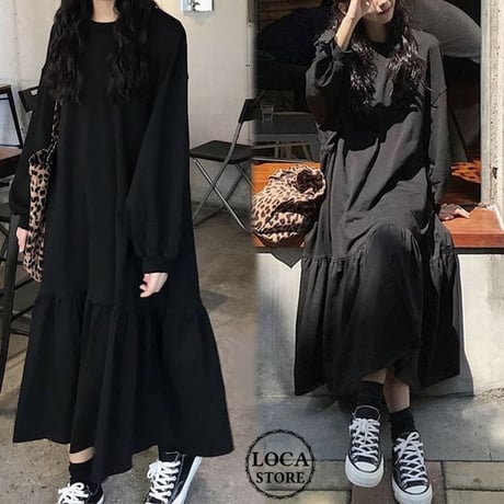 ワンピース 裾フレア ボリューム袖 韓国ファッション レディース ロング丈 ゆったり パフ袖 長袖 レトロ DTC-600921917884