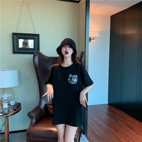 レディース 可愛いクマプリント Tシャツ ラウンドネック ゆったり 半袖 インスタ映え 韓国ファッション ホワイト ピンク (DCT-596629678942)