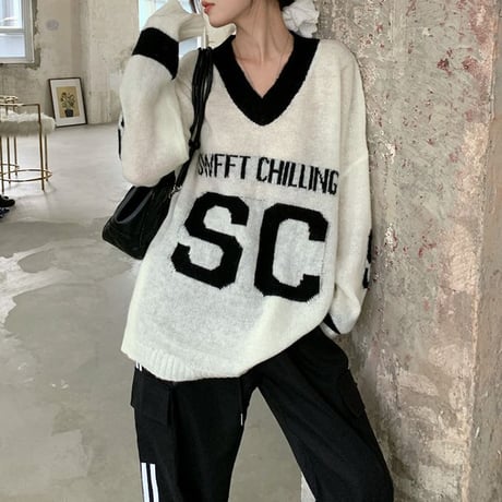 ニット トップス Vネック オーバーサイズ ドロップショルダー ルーズ 長袖 レトロ 韓国ファッション レディース 大人可愛い ガーリー スポーツミックス DTC-824100434464