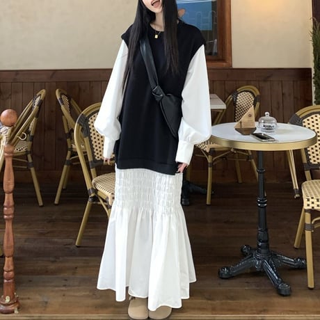 フェイクレイヤード ワンピース フェイクツーピース 切り替え ロングワンピース  Aライン ルーズ 長袖 レトロ 韓国ファッション レディース 大人可愛い ガーリー DTC-881028692653
