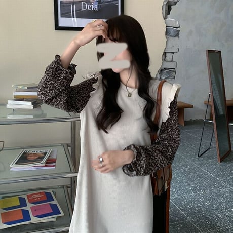ドッキングワンピース フェイクレイヤード ロング丈 花柄袖 韓国ファッション レディース ニットワンピース ハイウエスト 大人可愛い ガーリー DTC-628769274586