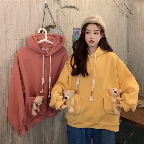 パーカー 裏起毛 クマのぬいぐるみ ベアー プルオーバー 長袖 ルーズ 韓国ファッション レディース スウェット ゆったり 大きめ カジュアル ストリート系 DTC-629418331286