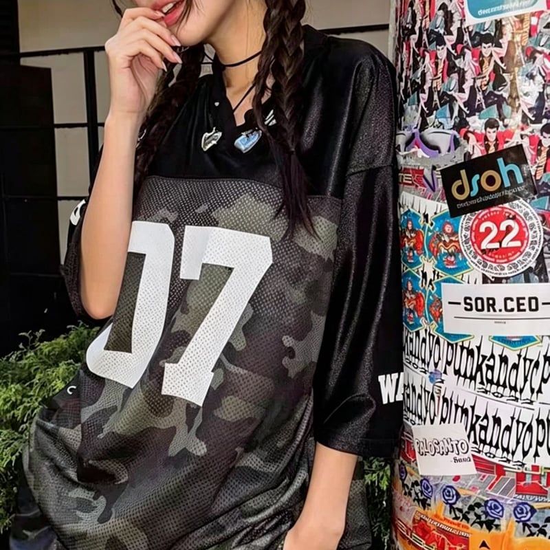 tシャツ メッシュ切り替え ナンバリング カモフラージュ柄 迷彩柄 V