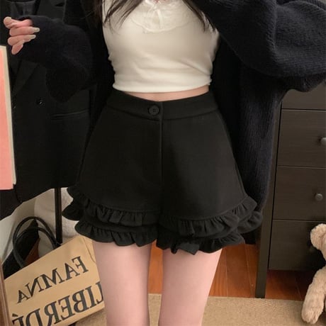フリル ショートパンツ フェイクウール ハイウエスト スリム Aライン ショートボトム 秋 冬 レトロ 韓国ファッション レディース 大人可愛い ガーリー DTCA-873635337938