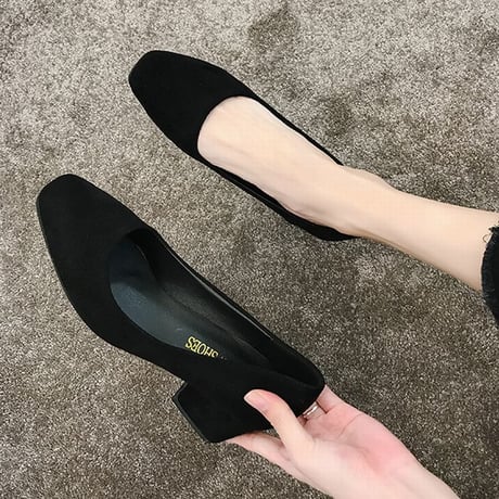 スエードタイプとPUタイプの2種類！ パンプス チャンキーヒール 4.5cm 韓国ファッション レディース スクエアトゥ シューズ キュート 痛くない かわいい 歩きやすい 598354617919