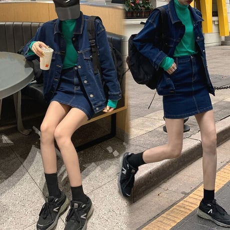 セットアップ デニムジャケット ＋ デニムスカート ルーズ 薄手 長袖 2点セット レトロ 韓国ファッション レディース 大人可愛い ガーリー カジュアル DTC-638039792270