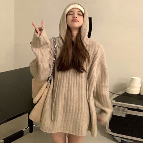 フード付き ニットセーター ハーフボタン ニットパーカー ミディアム丈 ニット ゆったり 長袖 韓国ファッション レディース カジュアル 大人可愛い ガーリー DTC-661225909615