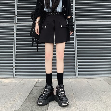 スカート風 ショートパンツ フロントジップ Aライン ハイウエスト 韓国ファッション レディース ショーパン ジップアップ ガーリー 暗黒系 DTC-620051473564