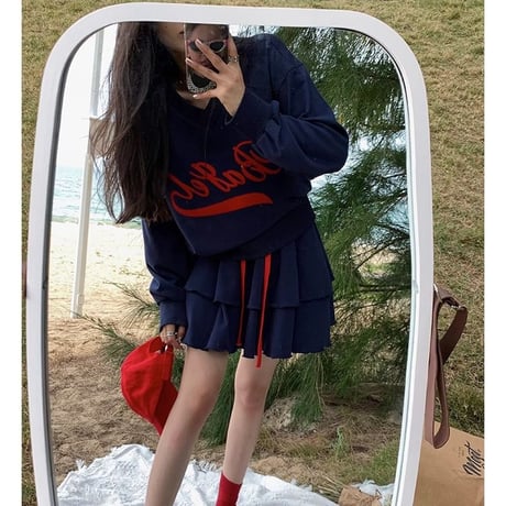 セットアップ 上下セット Vネック ロゴ トレーナー ティアードミニスカート スウェット フェイクツーピース 長袖 ルーズ レトロ 大人可愛い ガーリー カジュアル DTCA-827294825346